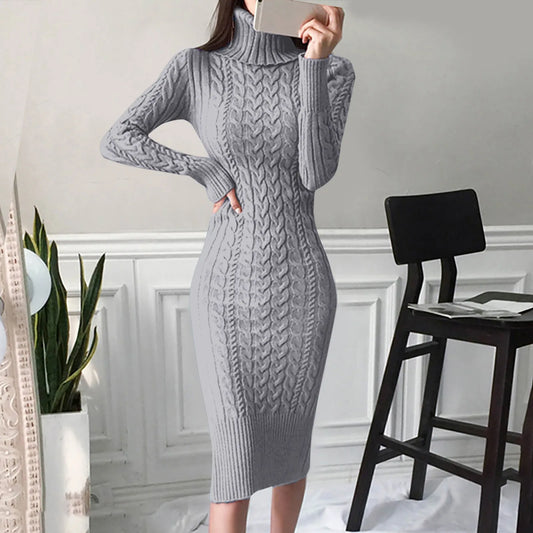 2024 New Women Turtleneck Sweater Turtleneck Knitted Bodycon Midi Dresses Elegant Solid Color Slim Autumn Winter Dress