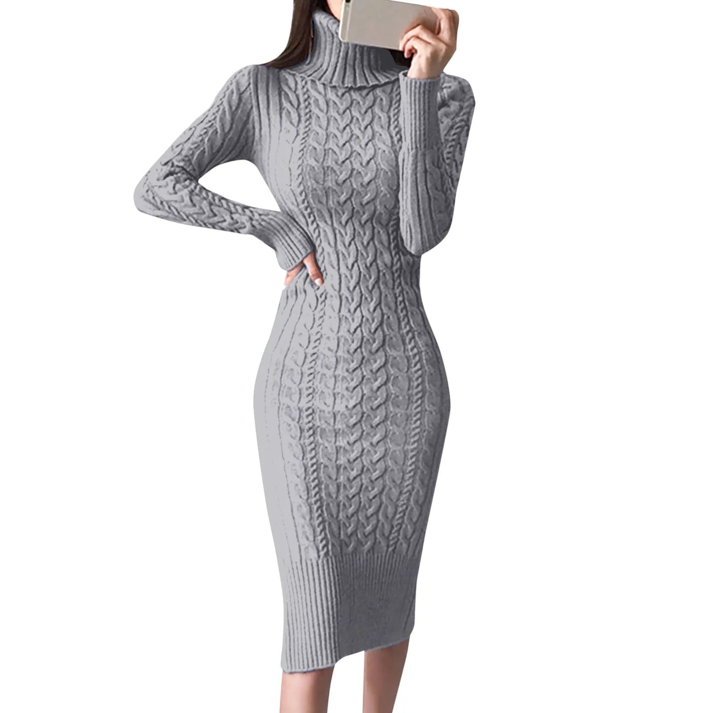 2024 New Women Turtleneck Sweater Turtleneck Knitted Bodycon Midi Dresses Elegant Solid Color Slim Autumn Winter Dress