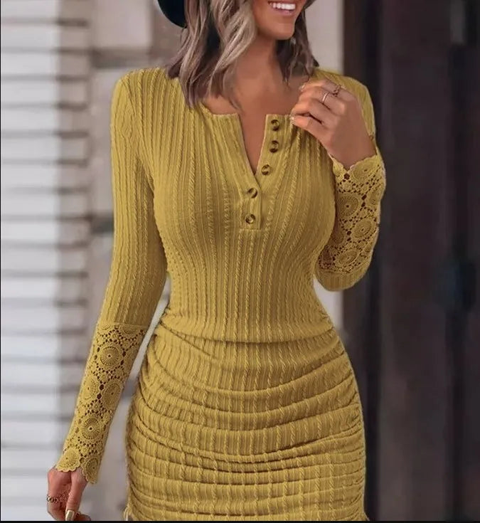 Fashion V-neck Long Sleeve Knitted Bodycon Lace Midi Dress Woman 2024 Autumn Winter Buttons Sexy Club Hip Wrap Dresses For Women