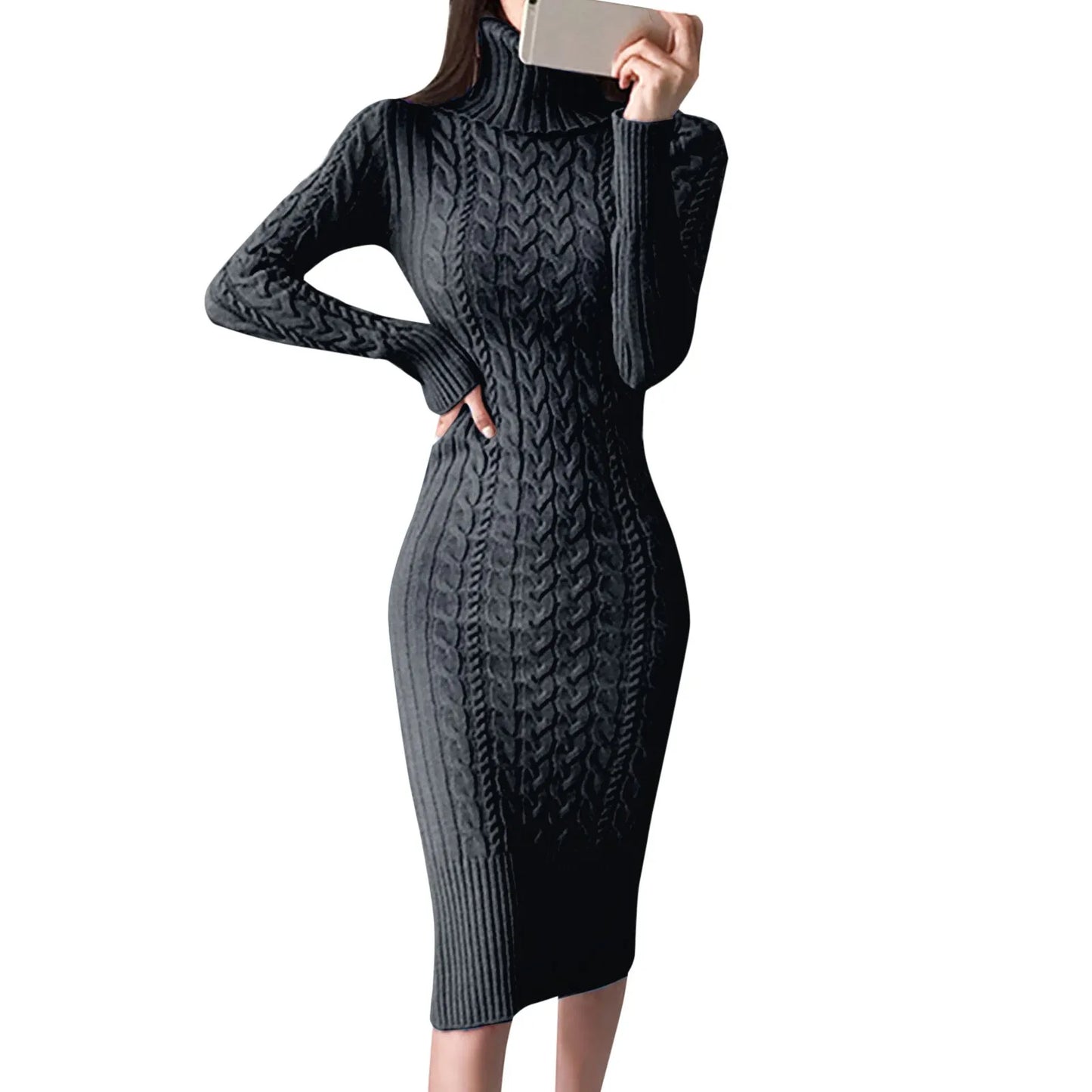 2024 New Women Turtleneck Sweater Turtleneck Knitted Bodycon Midi Dresses Elegant Solid Color Slim Autumn Winter Dress