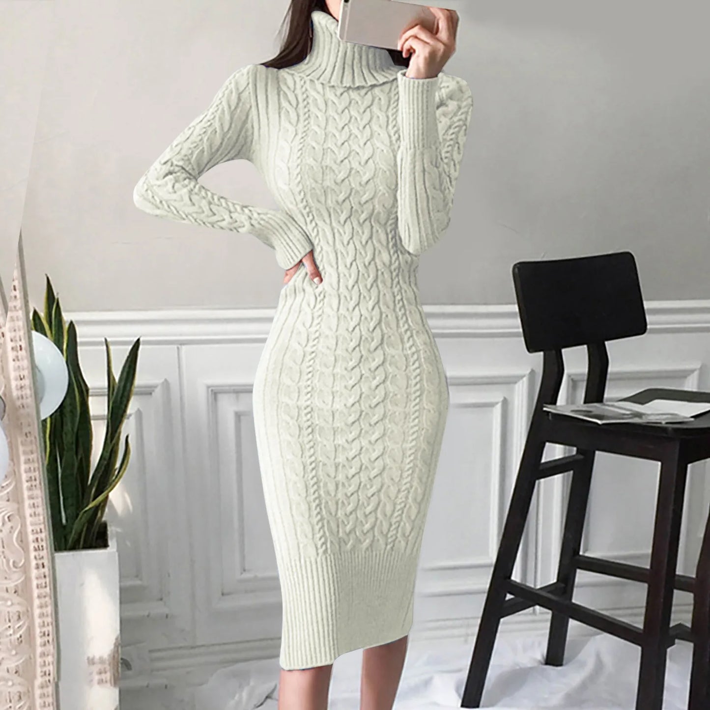 2024 New Women Turtleneck Sweater Turtleneck Knitted Bodycon Midi Dresses Elegant Solid Color Slim Autumn Winter Dress