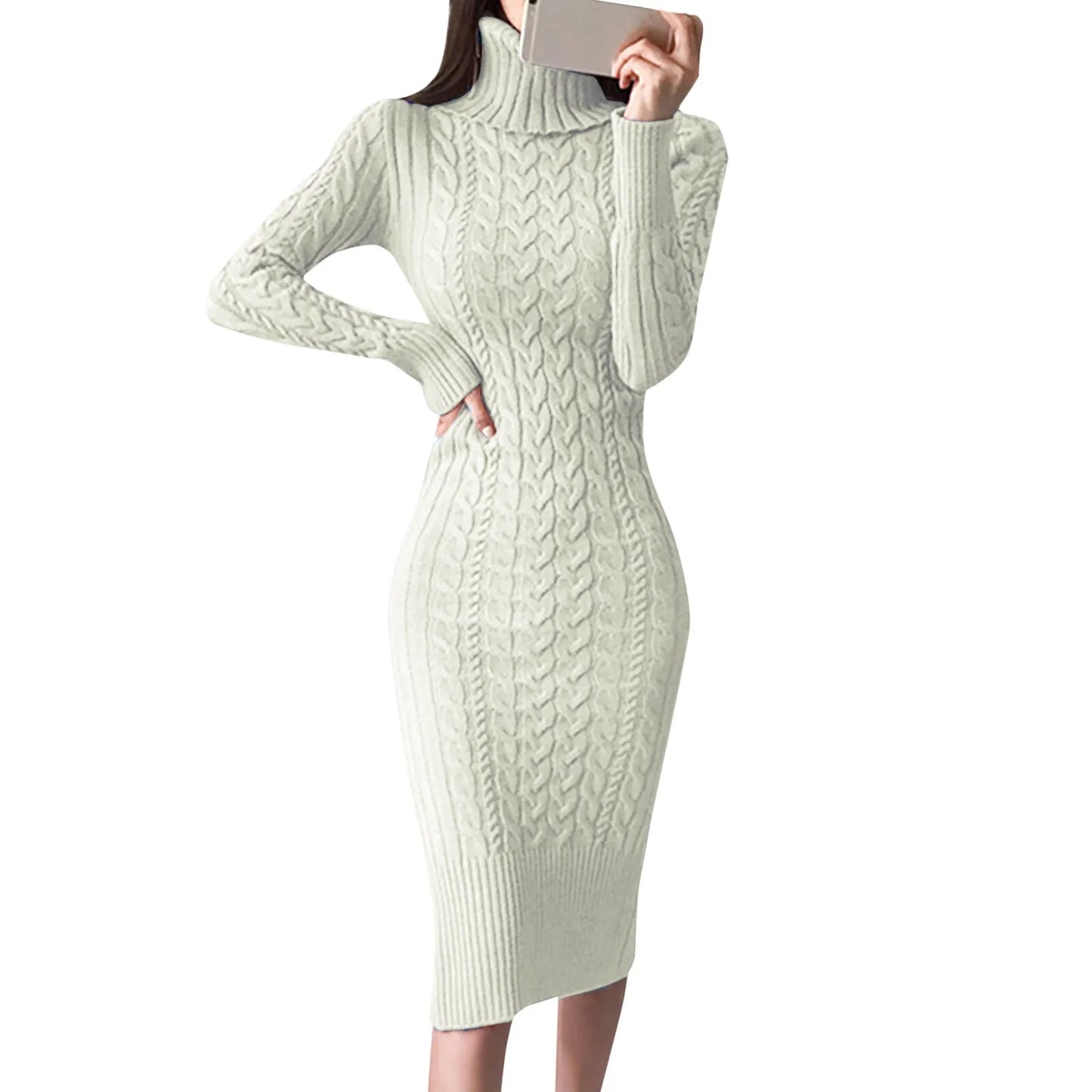 2024 New Women Turtleneck Sweater Turtleneck Knitted Bodycon Midi Dresses Elegant Solid Color Slim Autumn Winter Dress