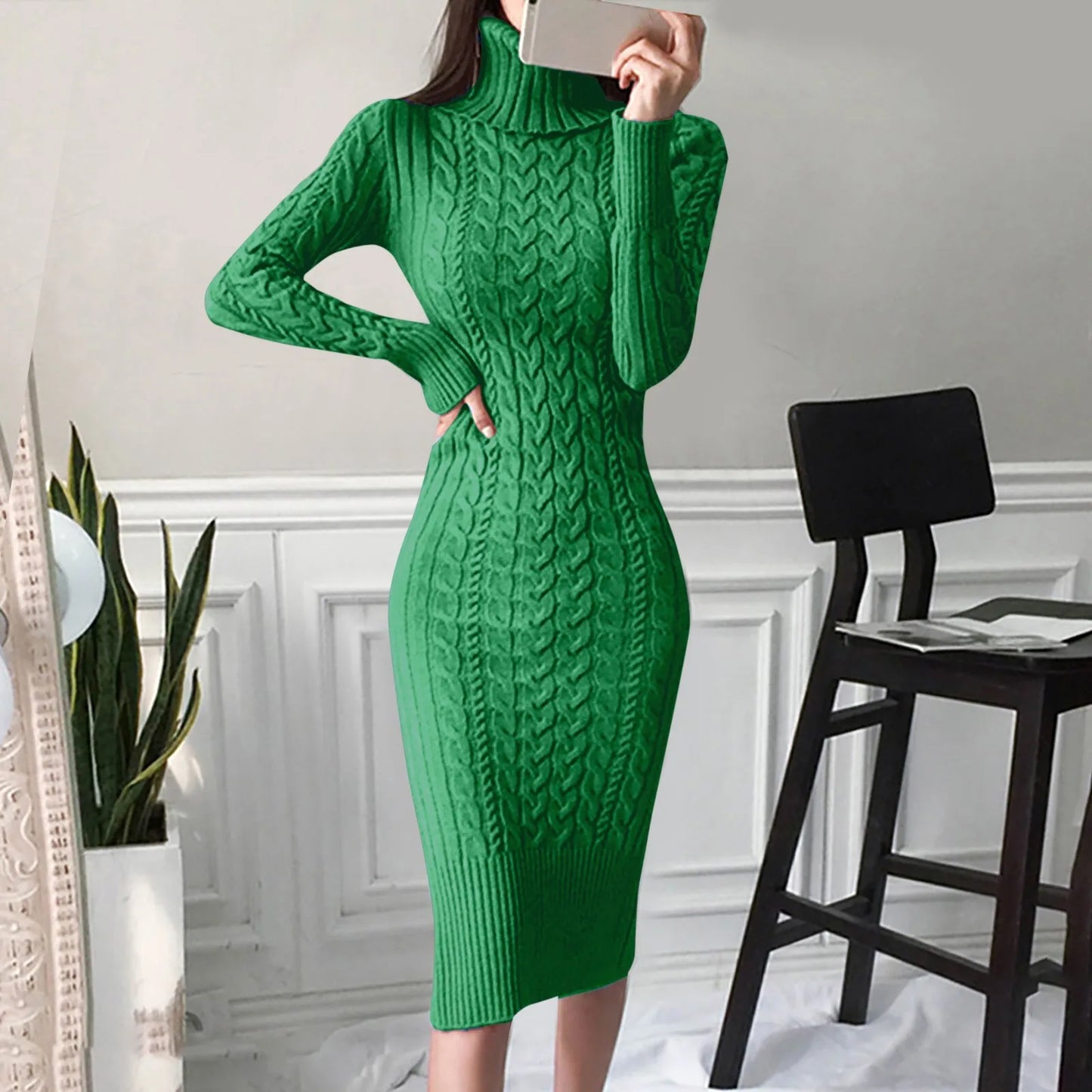 2024 New Women Turtleneck Sweater Turtleneck Knitted Bodycon Midi Dresses Elegant Solid Color Slim Autumn Winter Dress