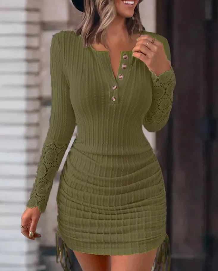 Fashion V-neck Long Sleeve Knitted Bodycon Lace Midi Dress Woman 2024 Autumn Winter Buttons Sexy Club Hip Wrap Dresses For Women