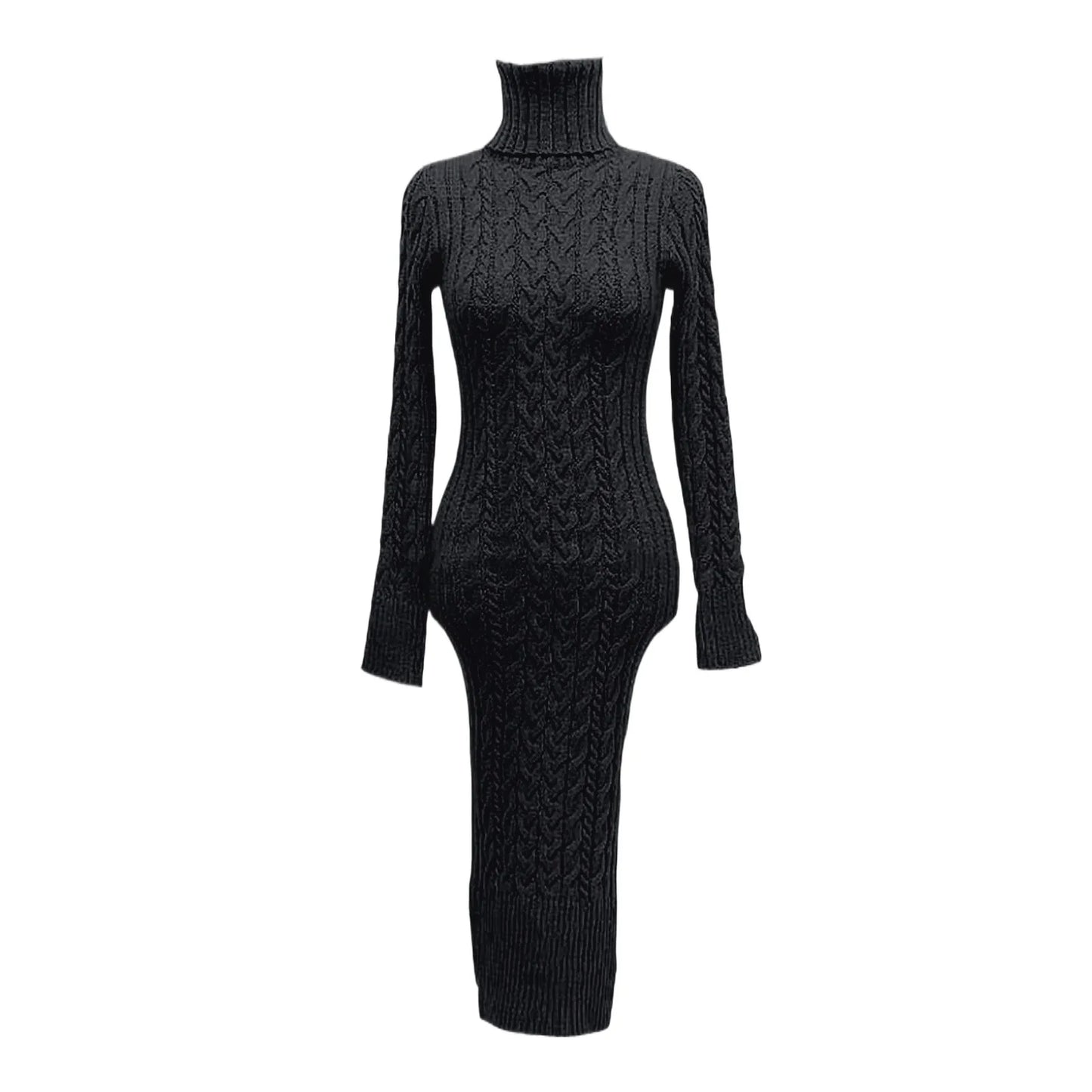 2024 New Women Turtleneck Sweater Turtleneck Knitted Bodycon Midi Dresses Elegant Solid Color Slim Autumn Winter Dress