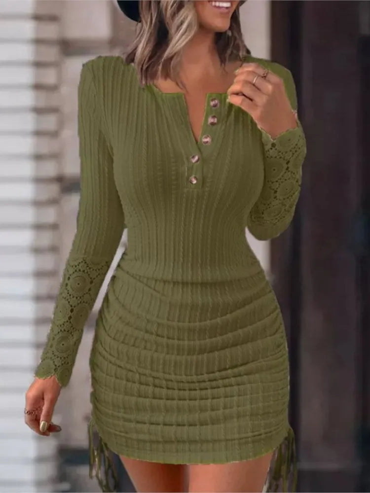 Fashion V-neck Long Sleeve Knitted Bodycon Lace Midi Dress Woman 2024 Autumn Winter Buttons Sexy Club Hip Wrap Dresses For Women